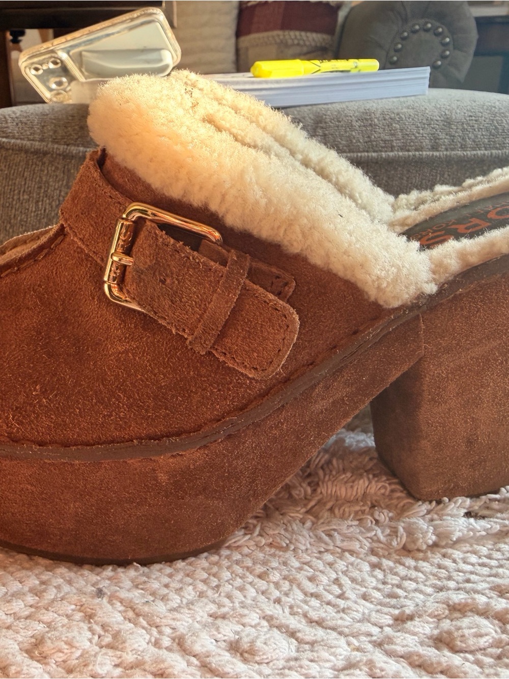 Michael Kors Brown Suede Shearling Platform Mule with Gold Buckle clogs
